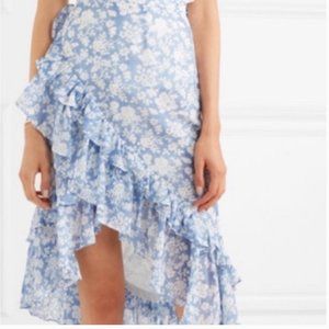 LoveShackFancy Faux Wrap Blue and White Floral Ruffle Skirt | Size 0